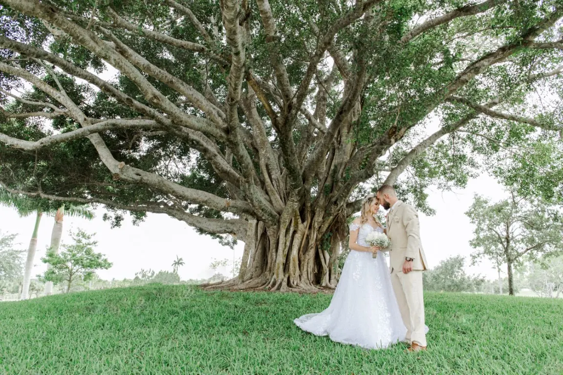 Bride and groom under a huge banyan tree